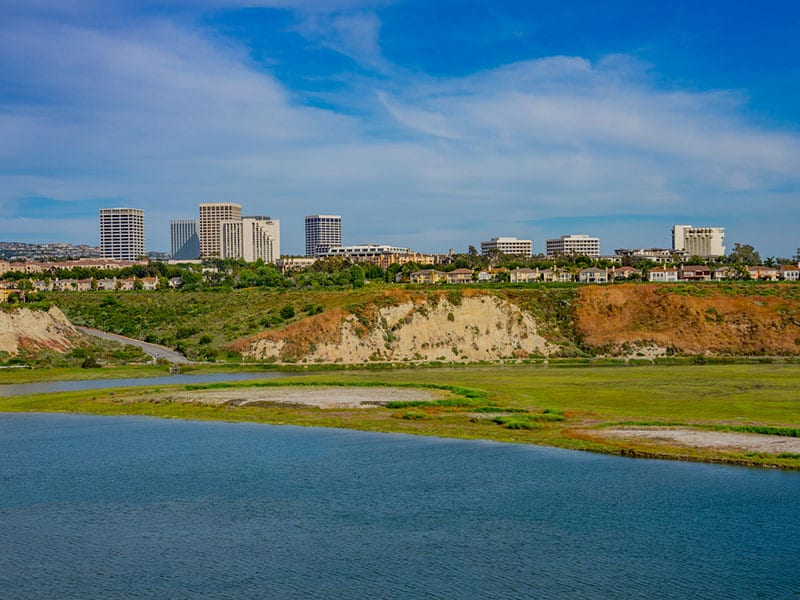 Costa Mesa, California city skyline at ocean